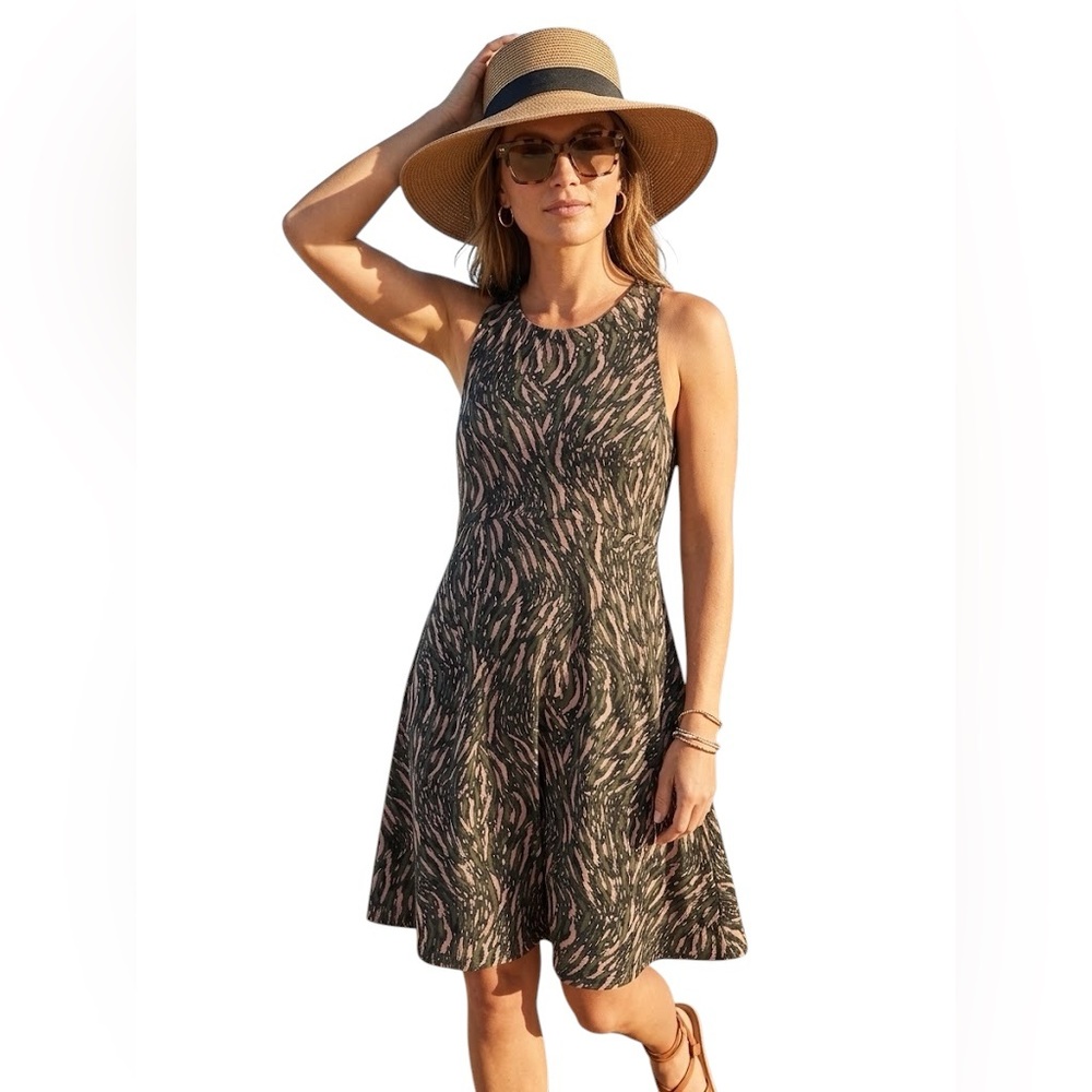 Athleta Olive Green & Blush Pink Printed Dress Size XL